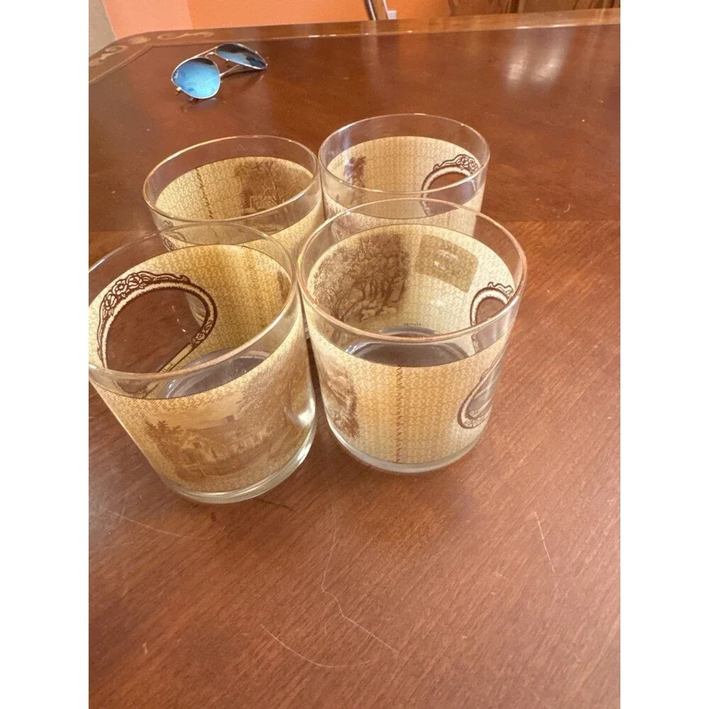 4 Courier & Ives Rocks Glasses Tumblers Homestead Seasons Gold Rims Old Home